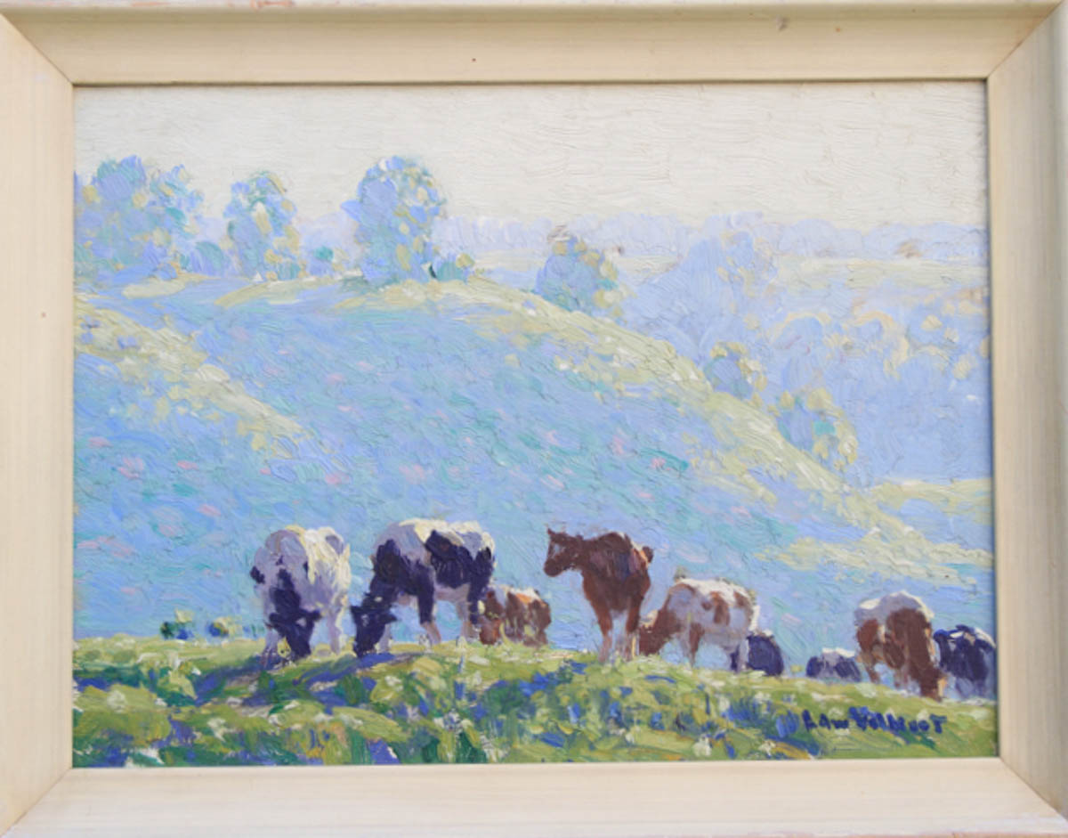 Untitled [Holsteins and Guernseys grazing on hill, blue haze in background]