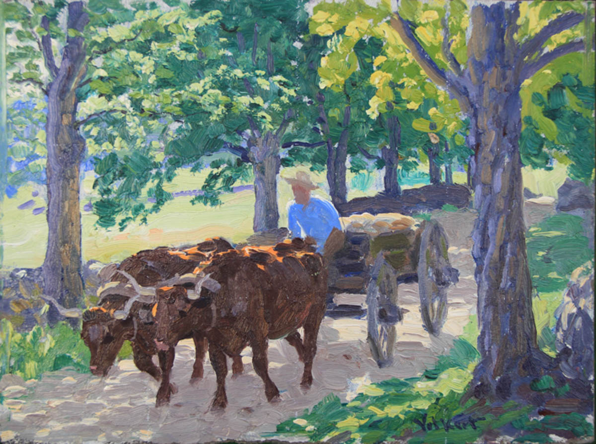 Untitled [Two brown oxen pulling man in cart]