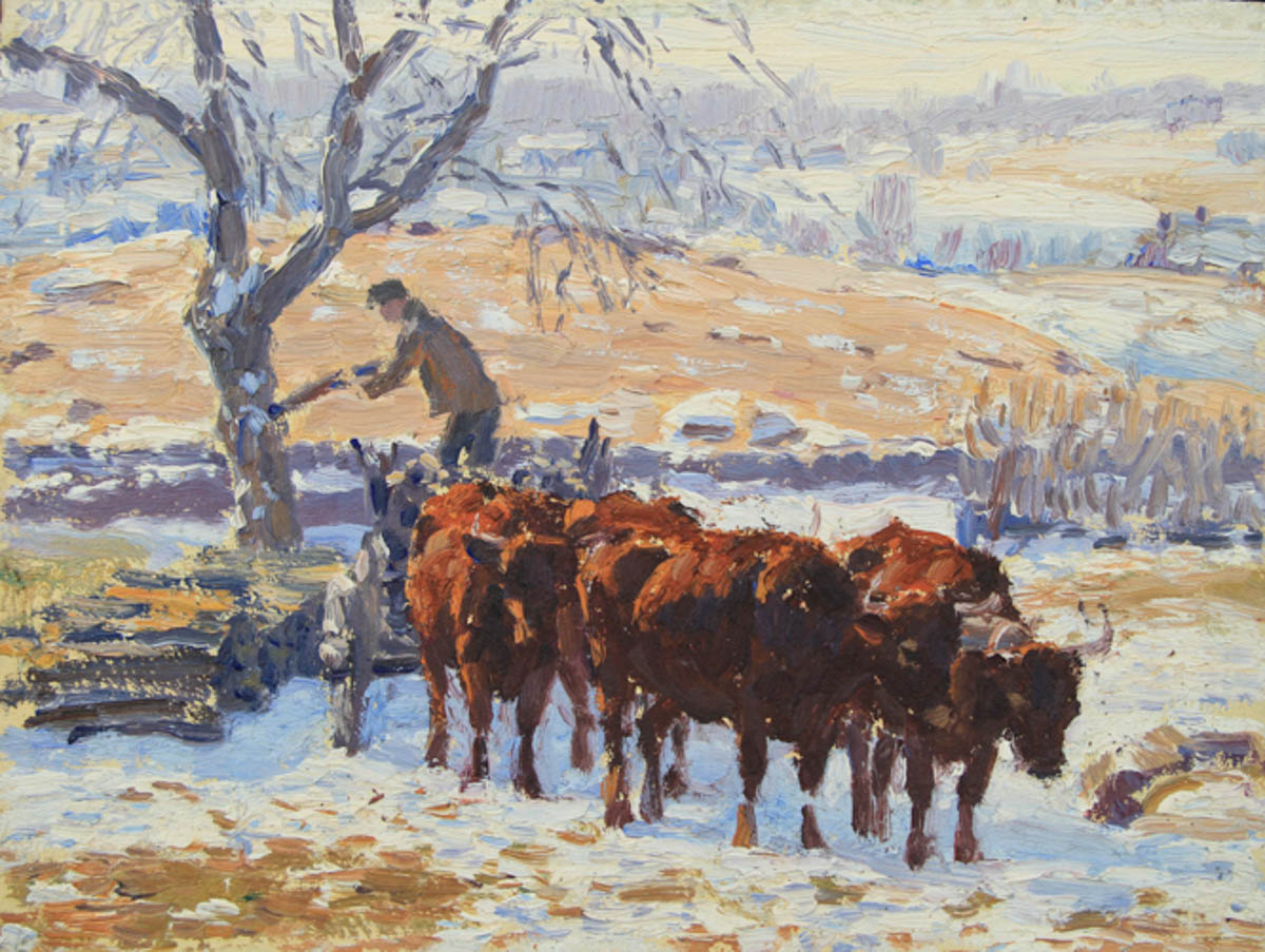 Untitled [Four brown oxen in snow with man in cart unloading wood]