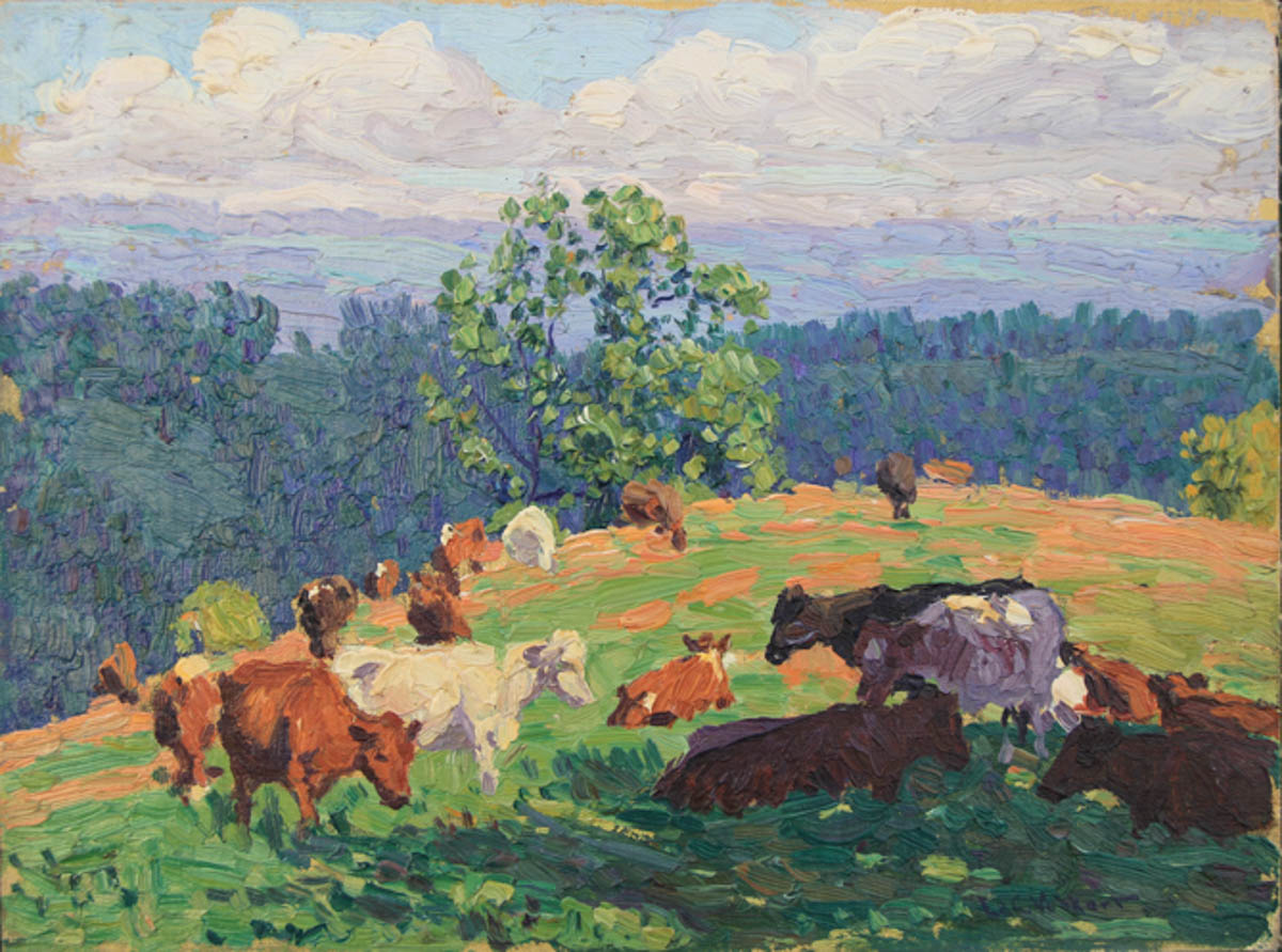 Untitled [Guernseys and white cow grazing on hill]