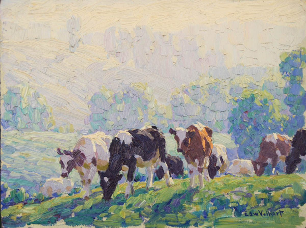 Untitled [Holsteins and Guernseys grazing on hill]