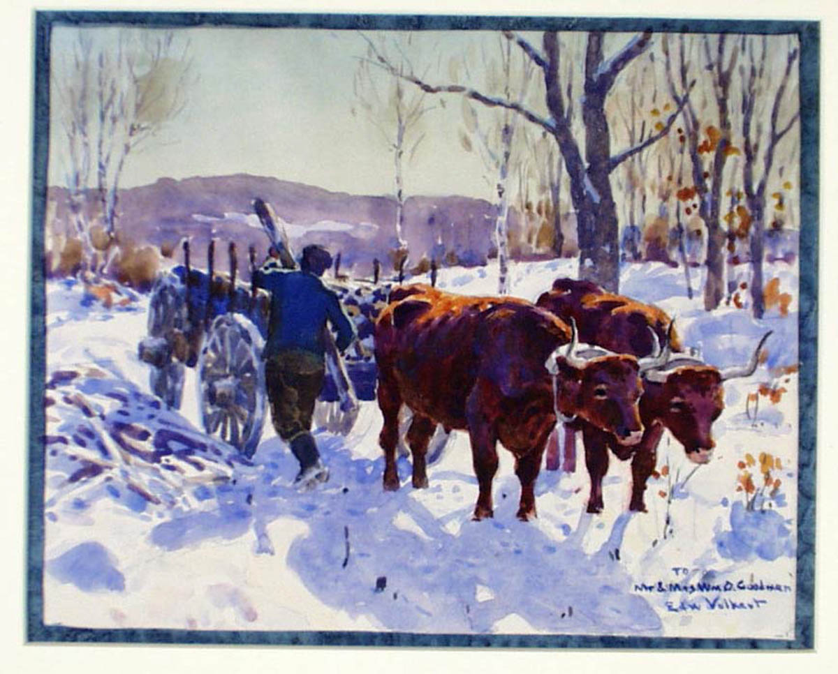 Untitled [Ox pulling wood cart in snow]