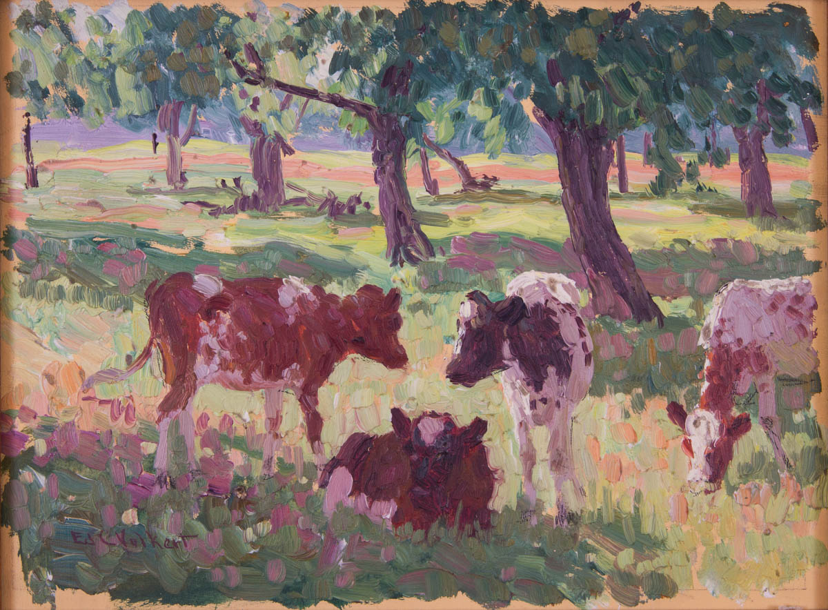 Untitled [Four cows grazing near rows of trees]