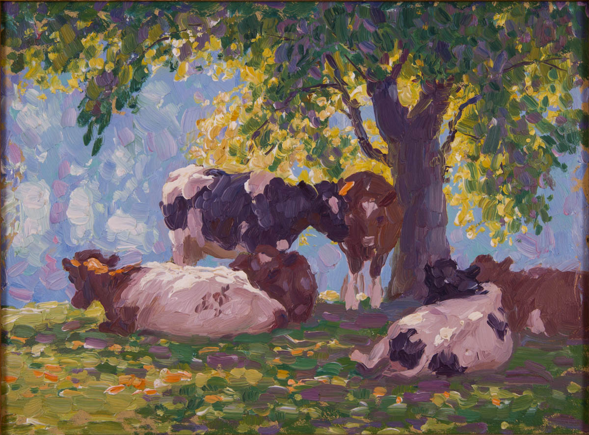 Untitled [Cows under tree on hilltop]