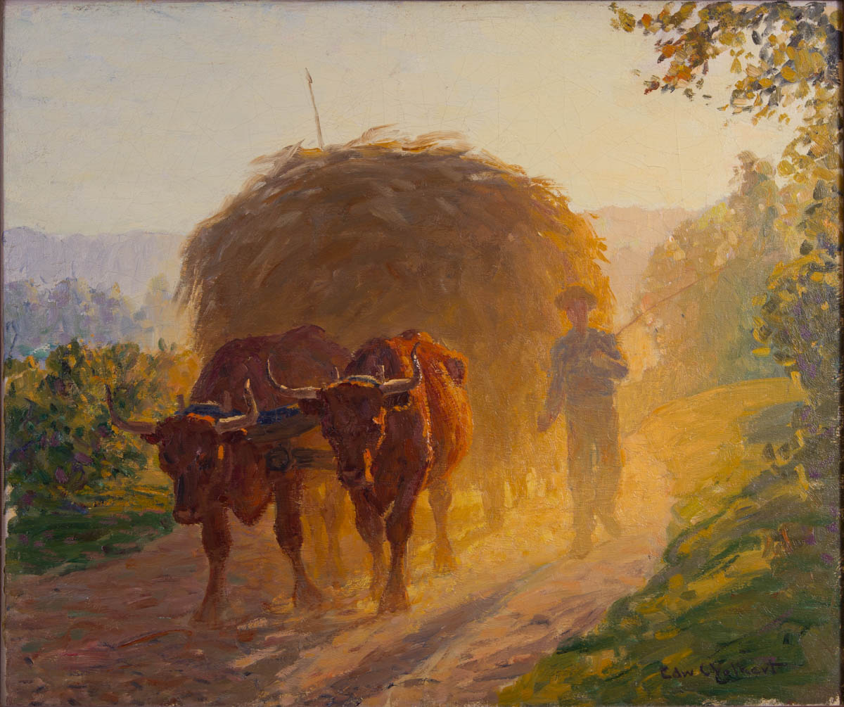 Untitled [Ox cart with farmer and hay on dusty road]