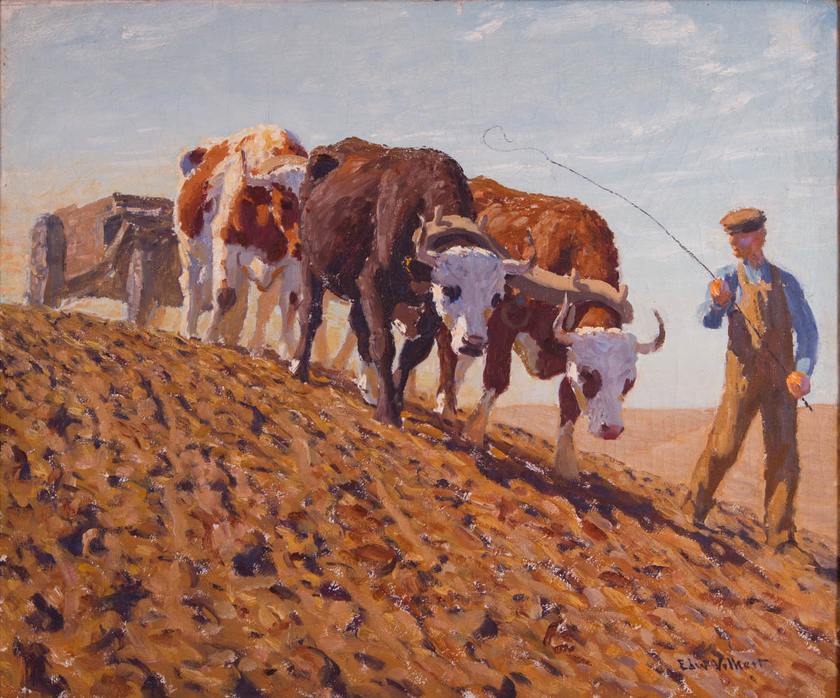 Untitled [Farmer and four oxen pulling cart across plowed field]
