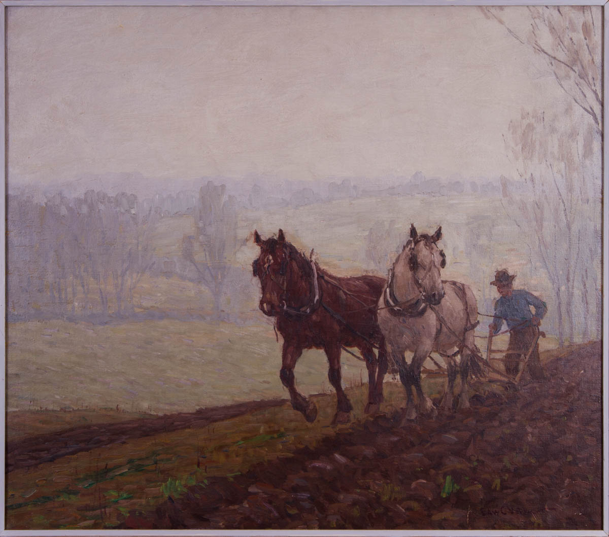 Untitled [Two horses plowing field in early spring]