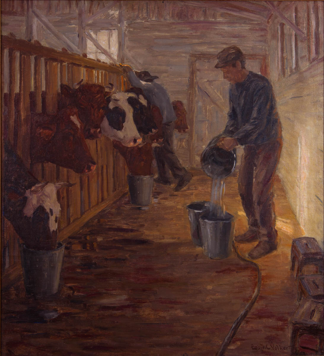 Untitled [Farmer watering cows in a barn]