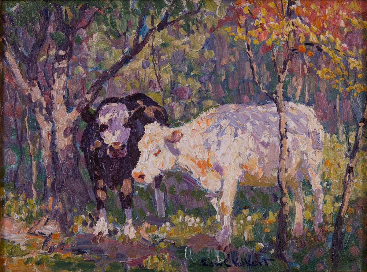 Untitled [Dark and light cows under shade trees]