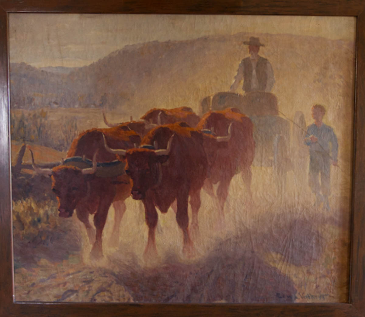 Untitled [Oxen and two drivers on a dusty road]