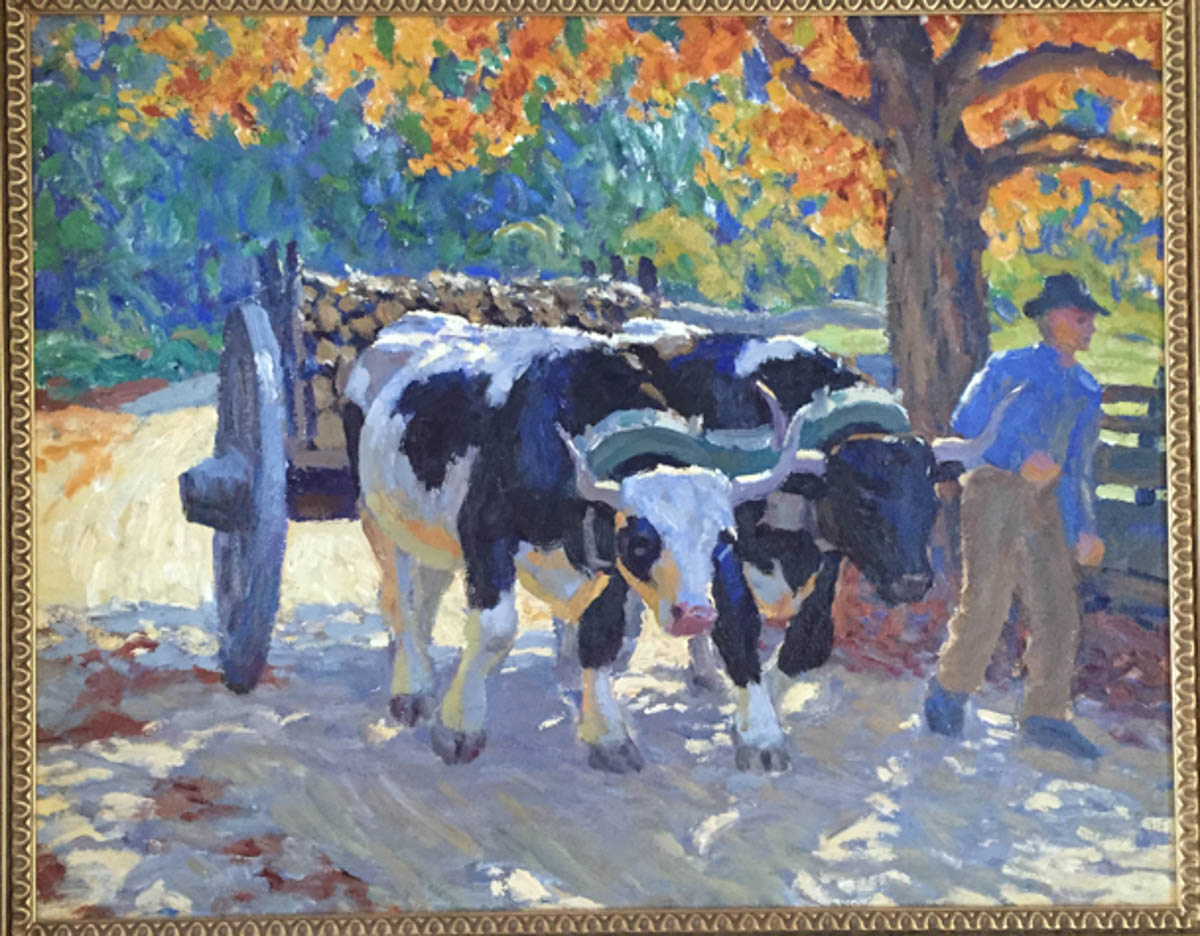 Untitled [Ox team pulling load of wood in fall]