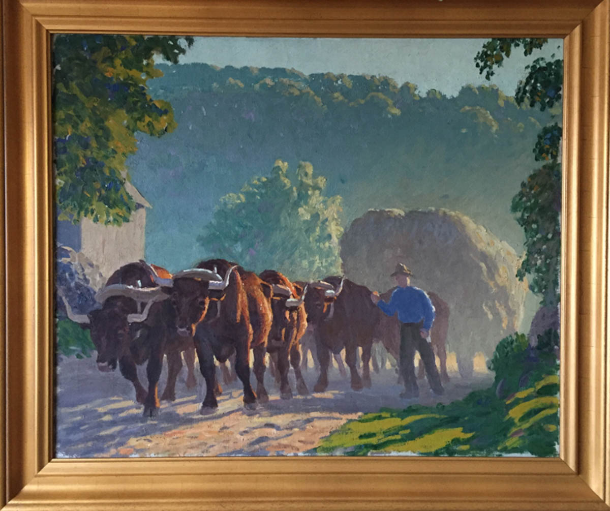 Untitled [Six-oxen team pulling hay past barn]