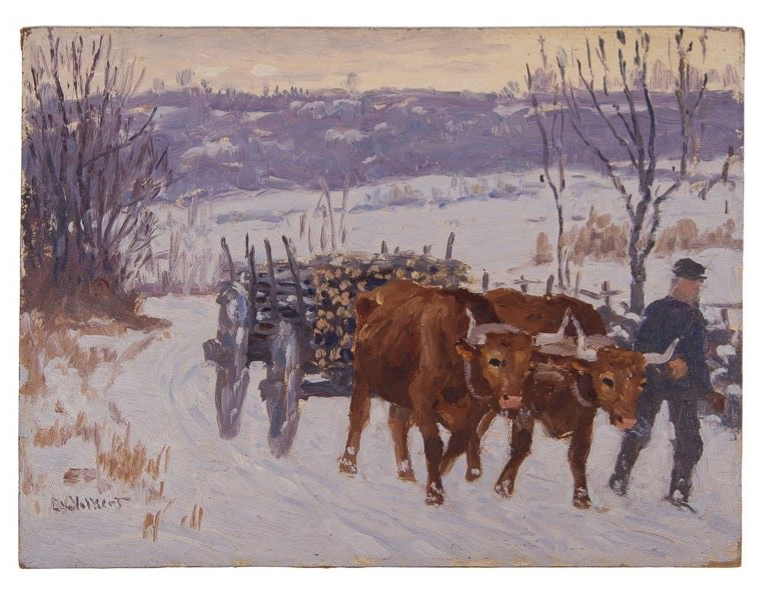 Untitled [Man with two oxen pulling wood cart in snow]