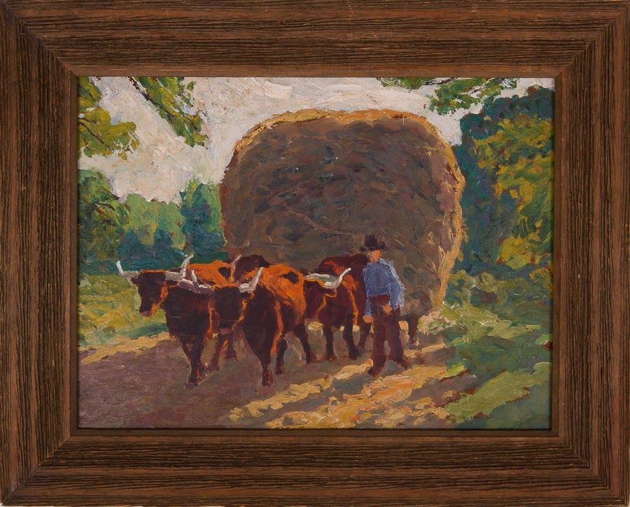 Untitled [Man with four oxen pulling load of hay]