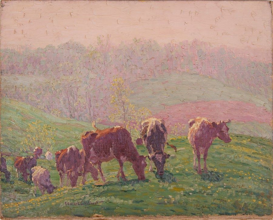 Untitled [Guernseys and Holsteins on hill with hazy mauve background]